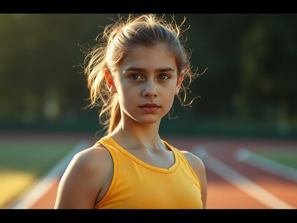 Create a realistic high-resolution photo that embodies the theme "Building Unshakable Confidence." The composition should focus on a single subject, a young athlete (preferably a female) standing tall in a confident pose at a serene outdoor location, such as a sunlit field or a peaceful track. The athlete should have a determined yet relaxed expression, showcasing a sense of self-belief and inner strength. The background should feature soft natural elements, like blurred trees or gentle grass, to emphasize 