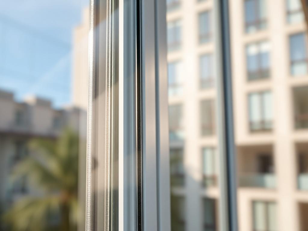 A close-up shot of a modern energy-efficient window showcasing its sleek design and high-quality materials. The background should be a blurred exterior view of a contemporary building, emphasizing the window’s aesthetic appeal. The lighting should be natural, highlighting the window's features, with a focus on its frames and glazing.