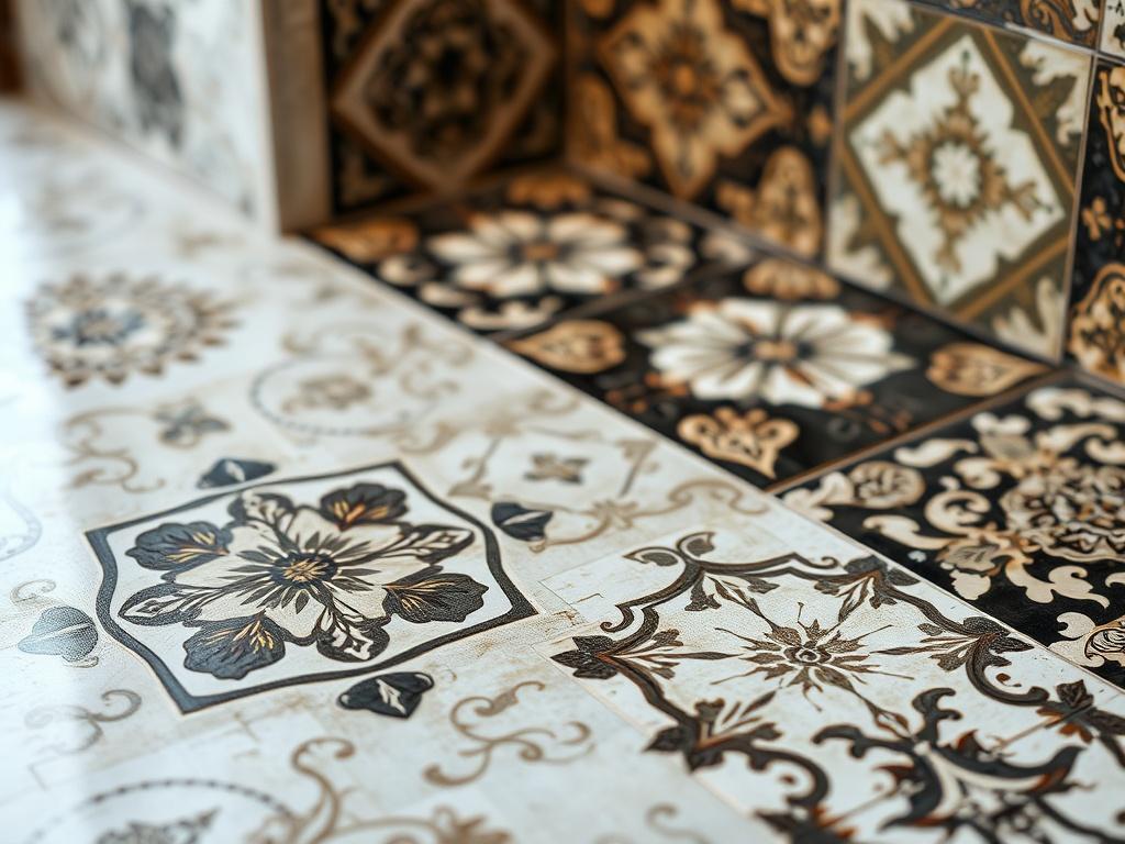 A realistic high-resolution close-up shot of elegant floor tiles, showcasing various intricate patterns and textures. The tiles should be arranged in a visually appealing manner, highlighting their quality and design. The background should be minimalistic to emphasize the tiles. The image should be compatible with the primary color rgb(193, 153, 87) and shot with a 45mm f/1.2 lens style for a hyper-realistic effect.