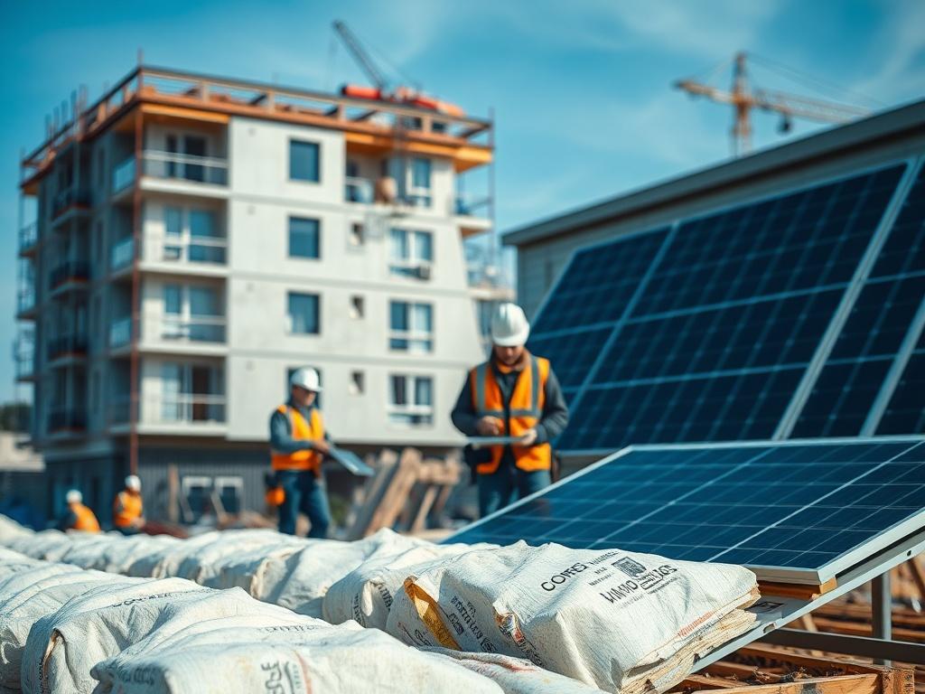 A realistic high-resolution photo showing a construction site with workers engaged in energy-efficient renovations, focusing on insulation materials and solar panels. The composition should be simple and clear, capturing the essence of sustainable building practices. The background should depict a modern building under renovation, highlighting the contrast between old and new construction techniques.
