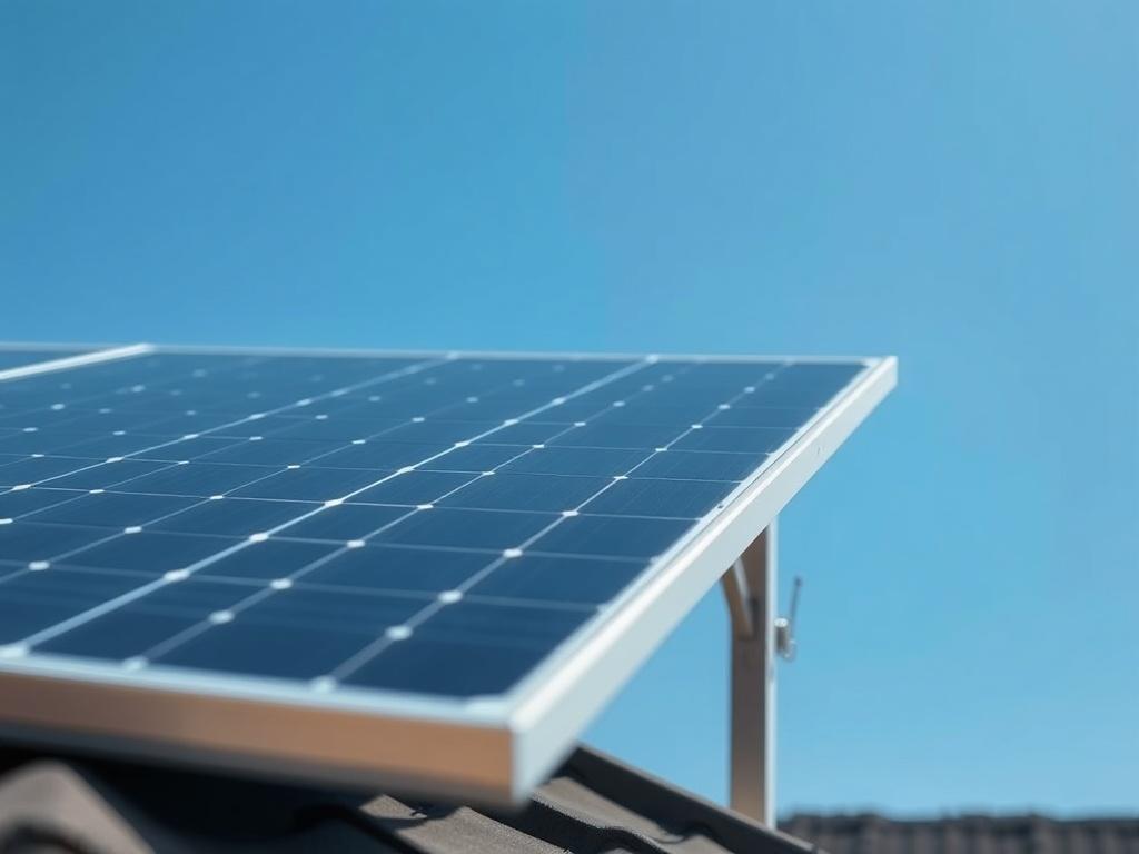 A hyper-realistic close-up shot of a modern photovoltaic solar panel installed on a rooftop, with a clear blue sky in the background. The panel should be the main focus, showcasing its sleek design and technology. The lighting should highlight the reflective surface of the panel, creating an inviting and clean aesthetic.