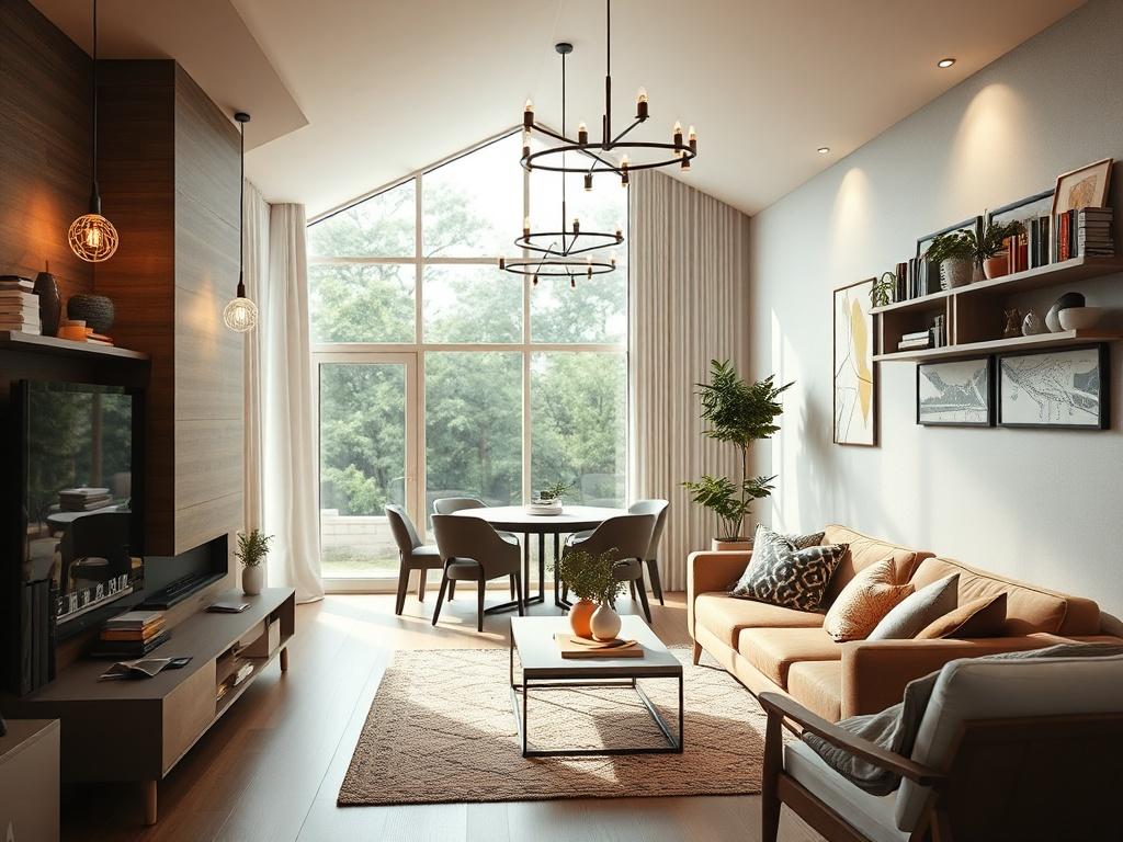A hyper-realistic close-up shot of a beautifully renovated living space, showcasing modern design elements, sustainable materials, and a warm atmosphere. The focus should be on exquisite details such as lighting fixtures, furniture arrangements, and wall textures. The background should be softly blurred, emphasizing the inviting nature of the space.