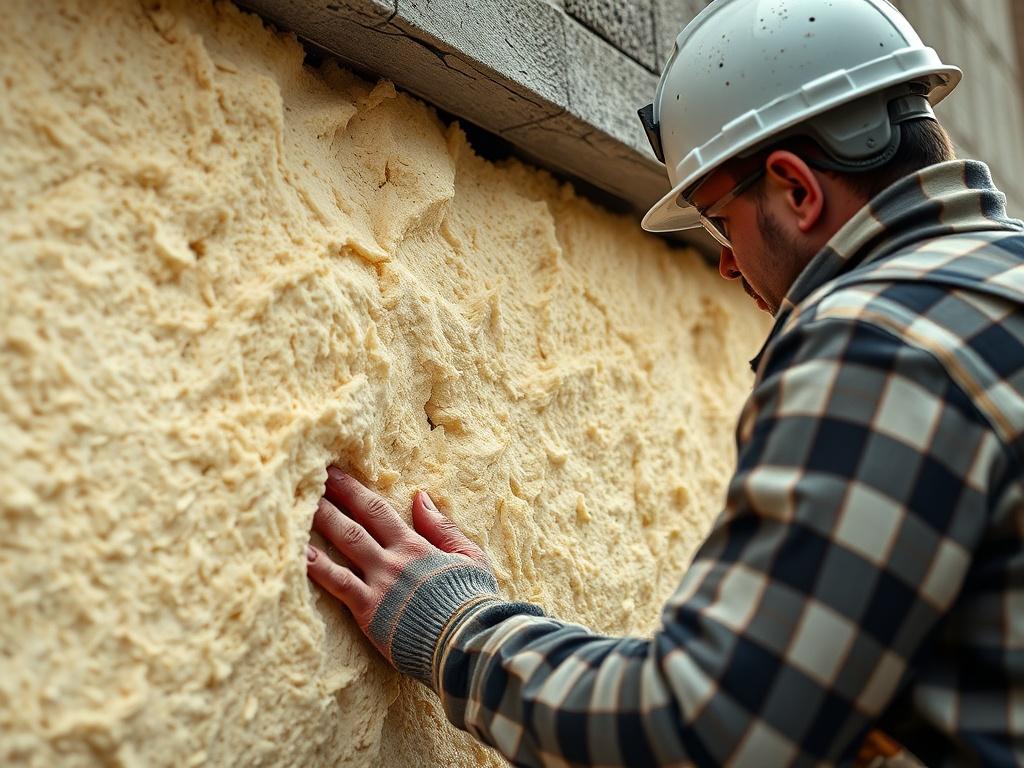 A hyper-realistic close-up shot of a construction worker applying insulation to a building facade. The image should show detailed textures of both the insulation material and the outer wall, with tools and equipment neatly arranged in the background, emphasizing the careful work involved in facade renovation.