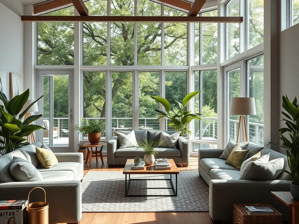 A hyper-realistic close-up shot of a beautifully renovated living room with modern furnishings, featuring large windows letting in natural light. The room should have stylish decor, including a mix of contemporary and classic elements, with green plants adding vibrancy. The background should show hints of construction tools subtly placed, indicating the ongoing renovation process.