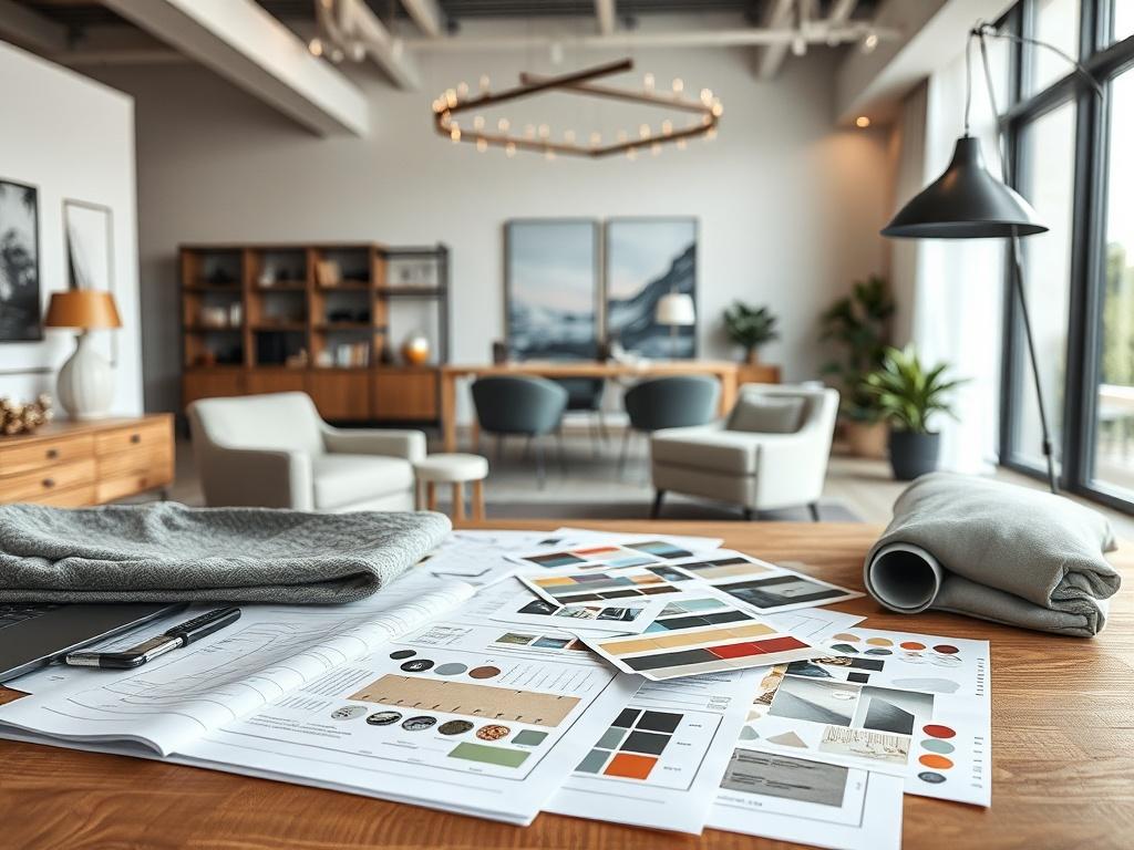 A hyper-realistic close-up shot of an interior designer's workspace with various fabric samples, color swatches, and design plans spread out on a stylish desk. The background should include a well-lit room showcasing a beautifully designed interior, emphasizing modern design elements and textures.