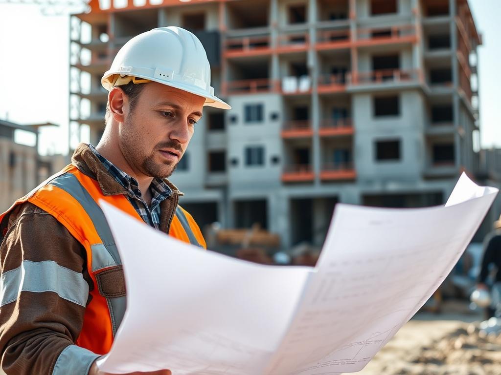 A realistic high-resolution photo of a construction site with a focus on a skilled construction worker examining blueprints. The background should show building materials and partially constructed buildings. The lighting should be bright and natural, emphasizing the worker's concentration and dedication. The photo should be taken with a 45mm f/1.2 lens to create a soft background blur, highlighting the worker as the main subject.