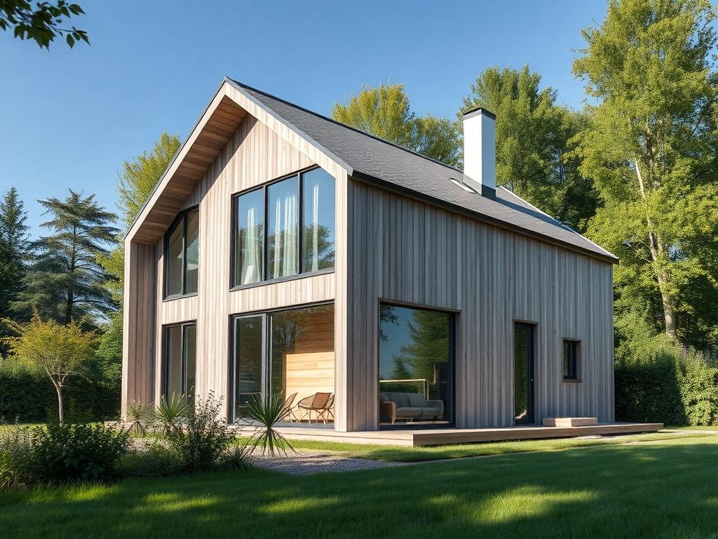 A highly detailed image of a modern prefabricated house from Poland, showcasing its sleek design and energy-efficient features. The house should be set in a lush green environment with trees in the background and a clear blue sky. The focus should be on the architecture, highlighting large windows and a contemporary facade. The composition should be simple and clear, emphasizing the beauty and sustainability of the prefabricated structure.