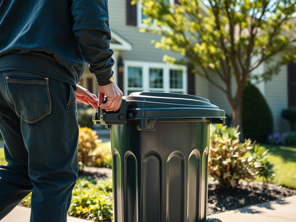 A close-up shot of a professional trash can retrieval service in action, showing a Mo’s Pale Pushers employee retrieving a trash can from a suburban home. The background is a well-kept front yard with a bright, sunny day, highlighting the convenience and care of the service.