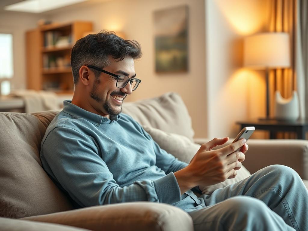 A relaxed individual sitting comfortably on a couch, using their smartphone. The room is cozy and well-lit, with warm tones highlighting the soft furnishings. The person appears engaged and content, showcasing the convenience of using a mobile device for everyday tasks. The background includes a coffee table with a few items, creating a homely atmosphere. The focus is on the person and their smartphone, capturing the essence of modern convenience in home life.