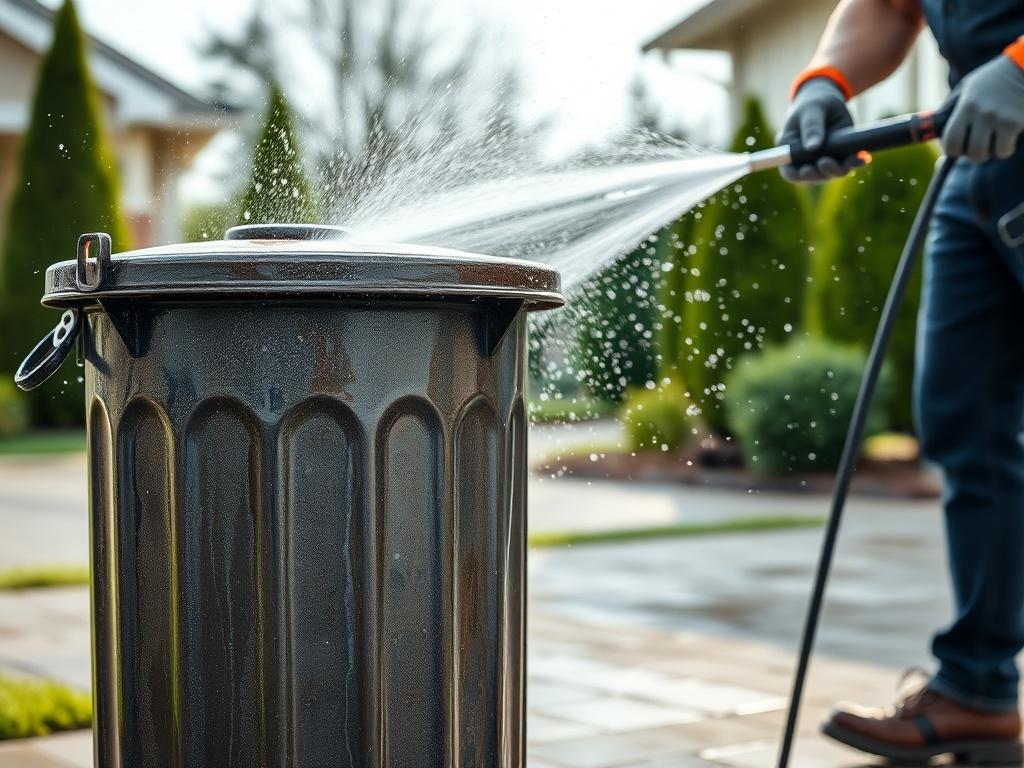 A man power washing a dirty trash can in a residential setting. The scene captures a close-up view of the man wearing gloves and using a power washer, with water splashing off the trash can. The background shows a clean driveway and well-kept yard, emphasizing cleanliness. The composition should focus on the action of washing the trash can, highlighting the contrast between the dirty can and the fresh water being sprayed. The image should be realistic and high-resolution, with vibrant colors.