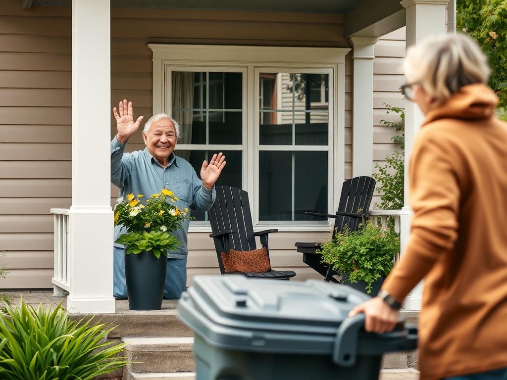 A senior citizen smiling and waving from their porch, with a friendly demeanor. In the foreground, a person is pushing a trash can to the curb, also waving back. The setting is a cozy neighborhood scene with a well-kept porch and greenery in the background, emphasizing a sense of community and friendliness. The composition focuses on the interaction between the two individuals, capturing a moment of connection. The image should have a bright, welcoming atmosphere.