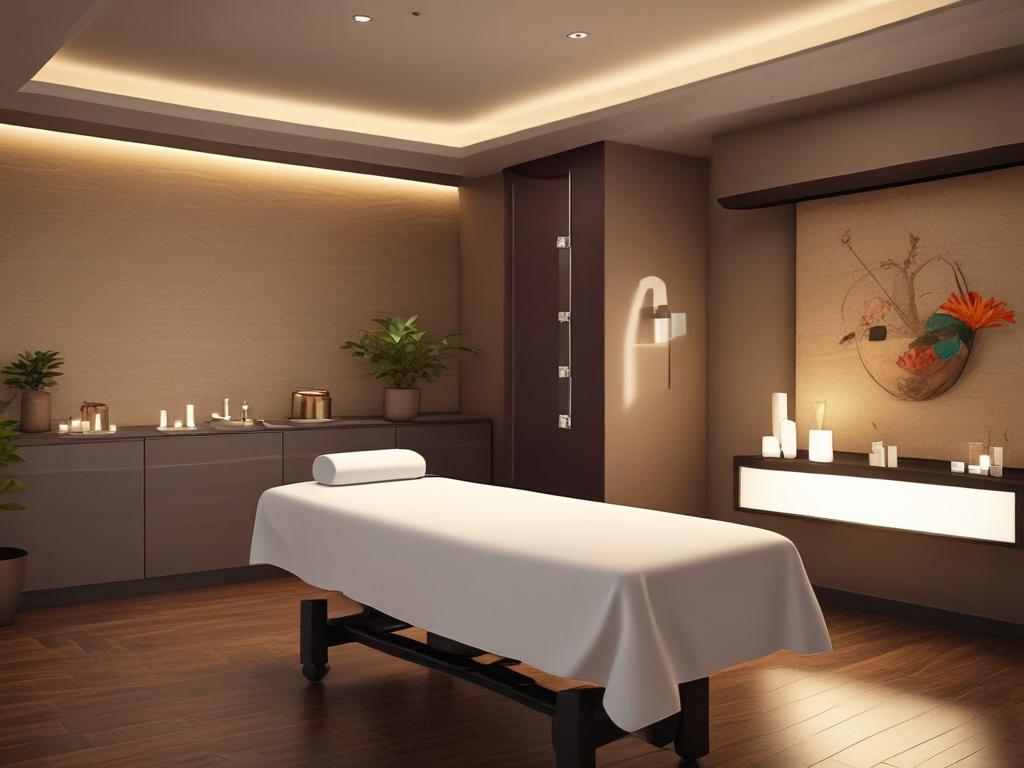 A serene setting with a professional massage table surrounded by