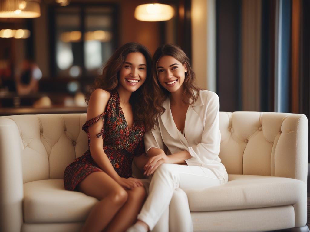 Two beautiful women, smiling and playfully interacting, sitting closely together