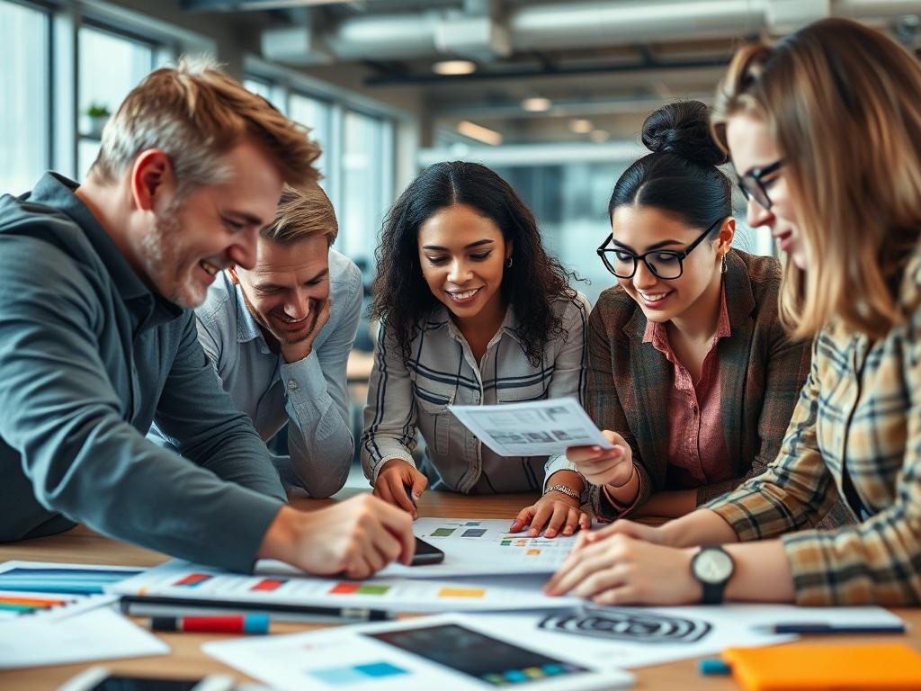 A high resolution close up shot of a diverse team