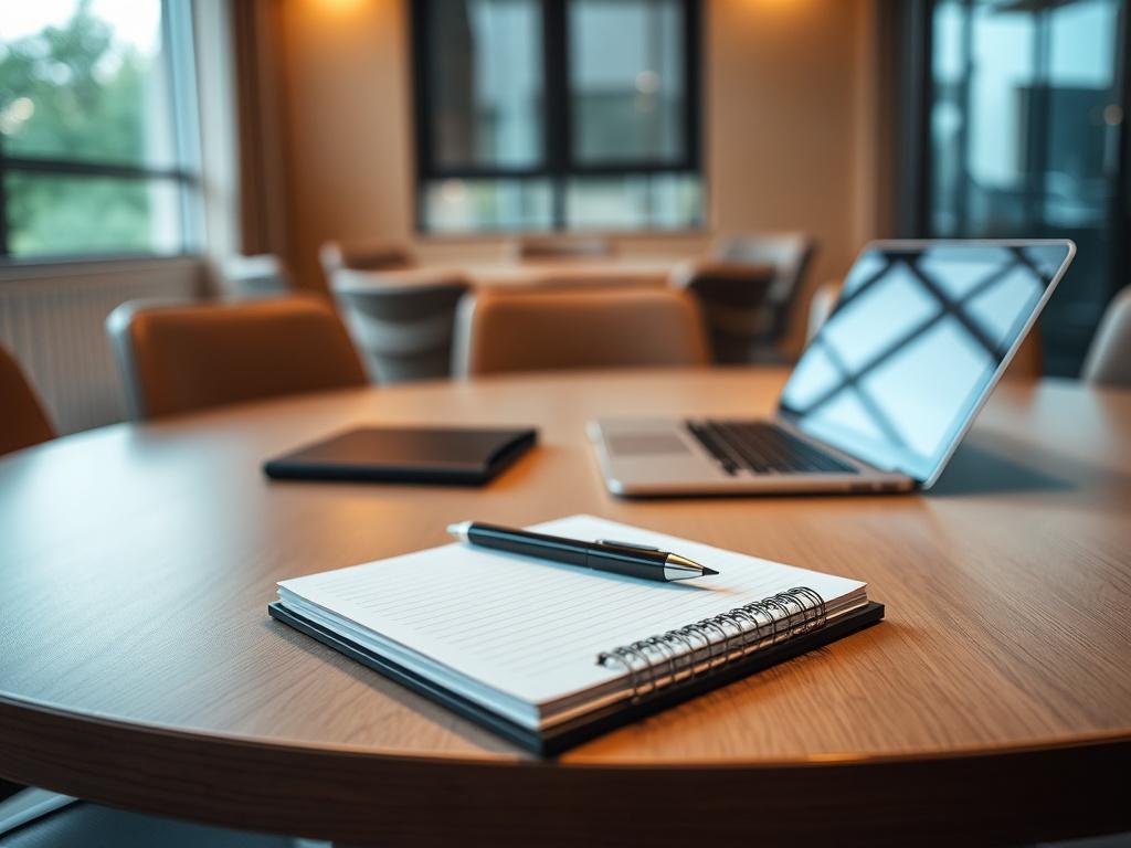 A professional looking meeting room with a round table and