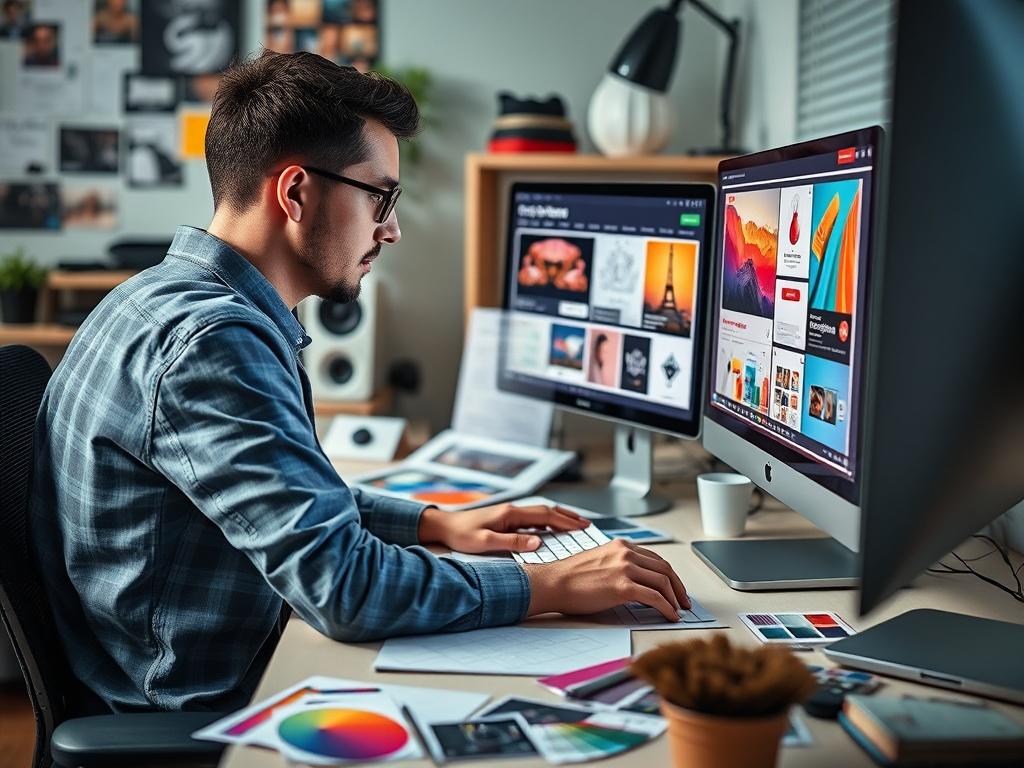 A workspace featuring a designer at a computer, intensely focused