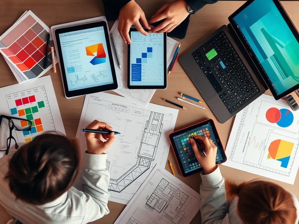 An overhead view of a workspace with blueprints, color palettes,