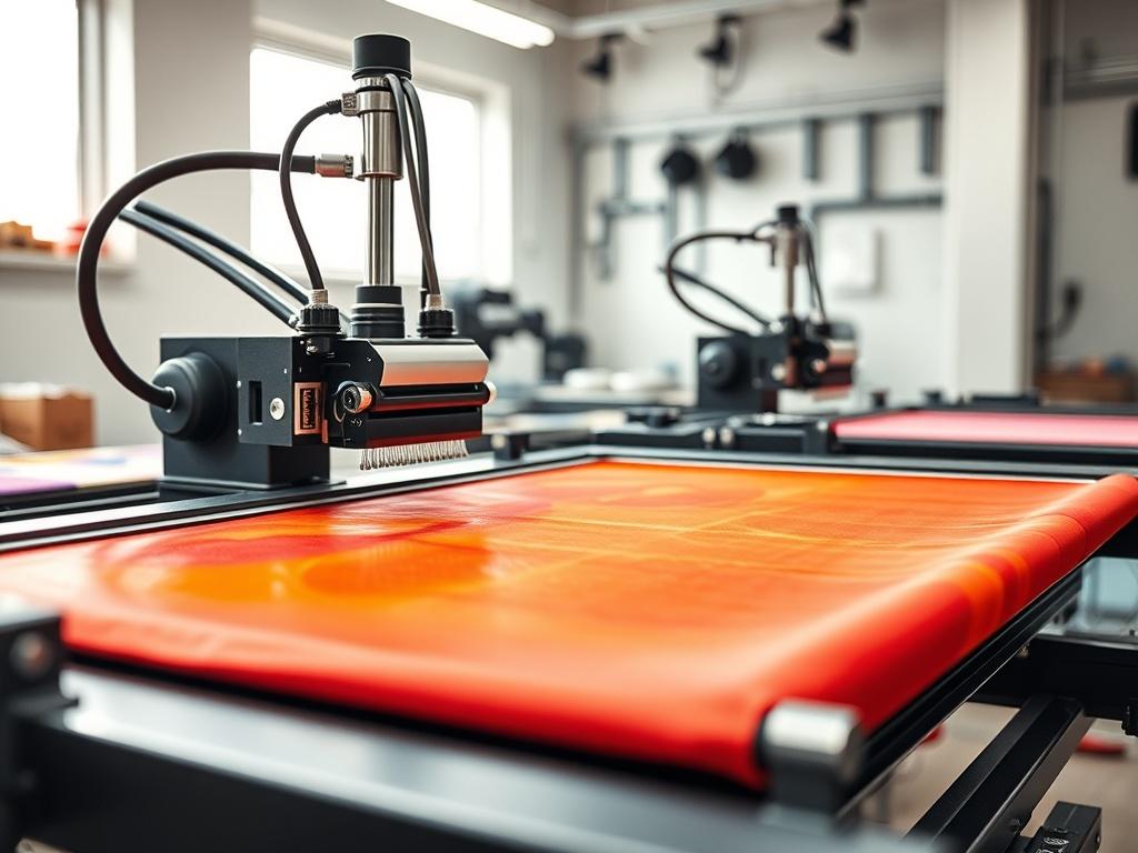 A high-resolution close-up shot of a screen printing machine in action, showcasing vibrant colors being printed onto a fabric. The background should be a clean, well-lit workshop environment, emphasizing the professional quality of the printing process. The composition should focus entirely on the machine and the fabric, capturing the intricate details of the screen printing process without any distractions.