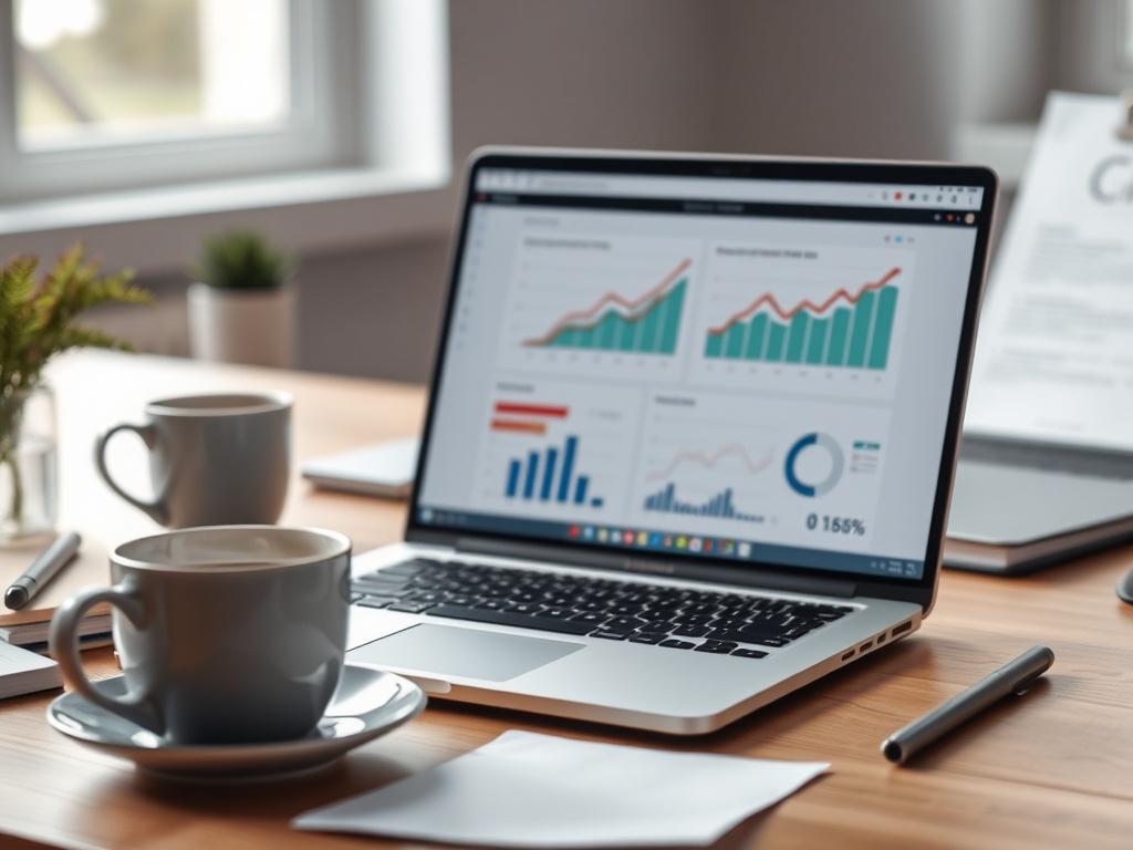 A modern workspace featuring a single laptop open to a web development interface, surrounded by notes and a cup of coffee. The background should be blurred to emphasize the laptop and the workspace, showcasing a professional and creative environment. Soft natural light should illuminate the scene, highlighting the details of the laptop screen with graphs and CRM data.