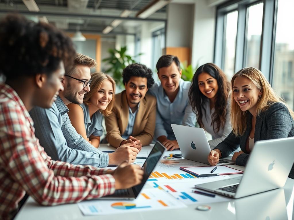 A close-up shot of a diverse team of marketing professionals brainstorming around a table, with colorful charts and laptops in front of them. The background showcases a modern office environment, filled with natural light. The image should have a hyper-realistic style, focusing on the team's engaged expressions and collaborative spirit, shot with a 45mm f/1.2 lens.