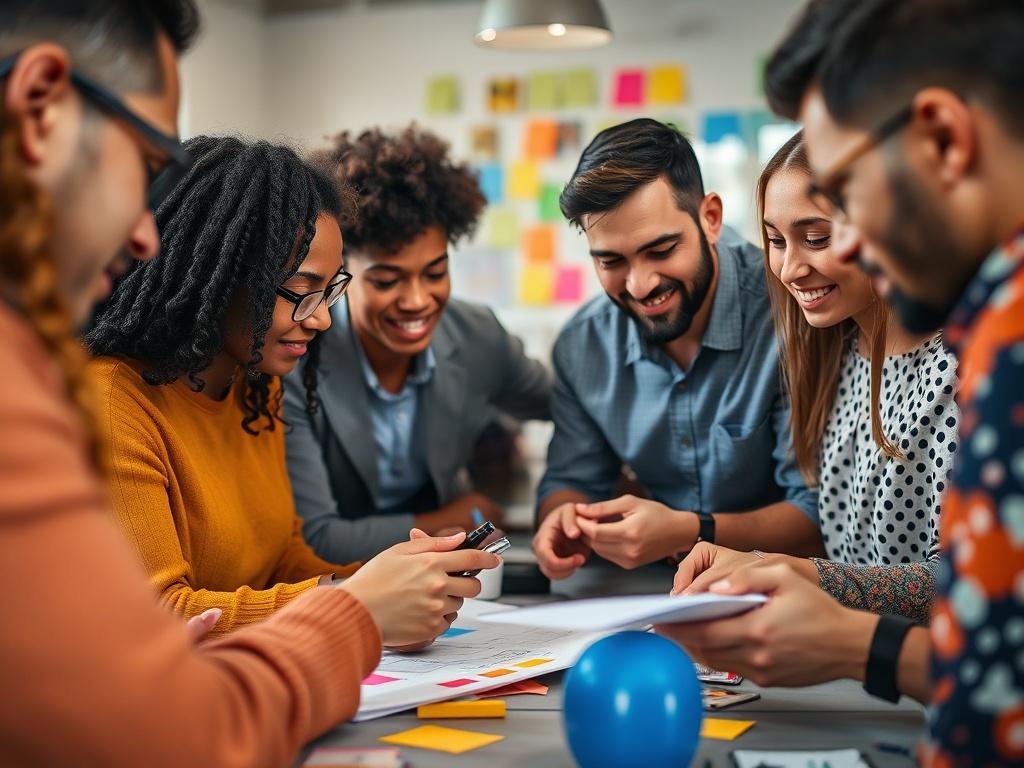 A focused and engaged nonprofit team in a brainstorming session, showcasing a diverse group of individuals collaborating over creative designs and marketing materials. The setting should be bright and inspiring, with colorful post-it notes and sketches visible. The image should capture the energy and dedication of resource-constrained teams working together to maximize their impact. Use a hyper-realistic style with a close-up shot, emphasizing the teamwork and creativity. The color scheme should harmonize w