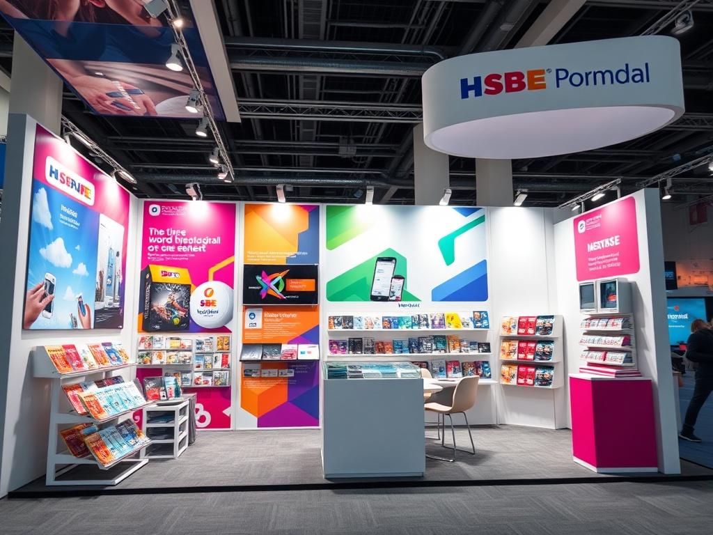 A close-up shot of a modern trade show booth featuring vibrant, eye-catching graphics and promotional materials. The booth showcases well-organized brochures, banners, and branded merchandise, all set against a clean, simple background that emphasizes the booth's professional appeal. The lighting highlights the colors and details of the materials, creating an inviting atmosphere for potential customers.