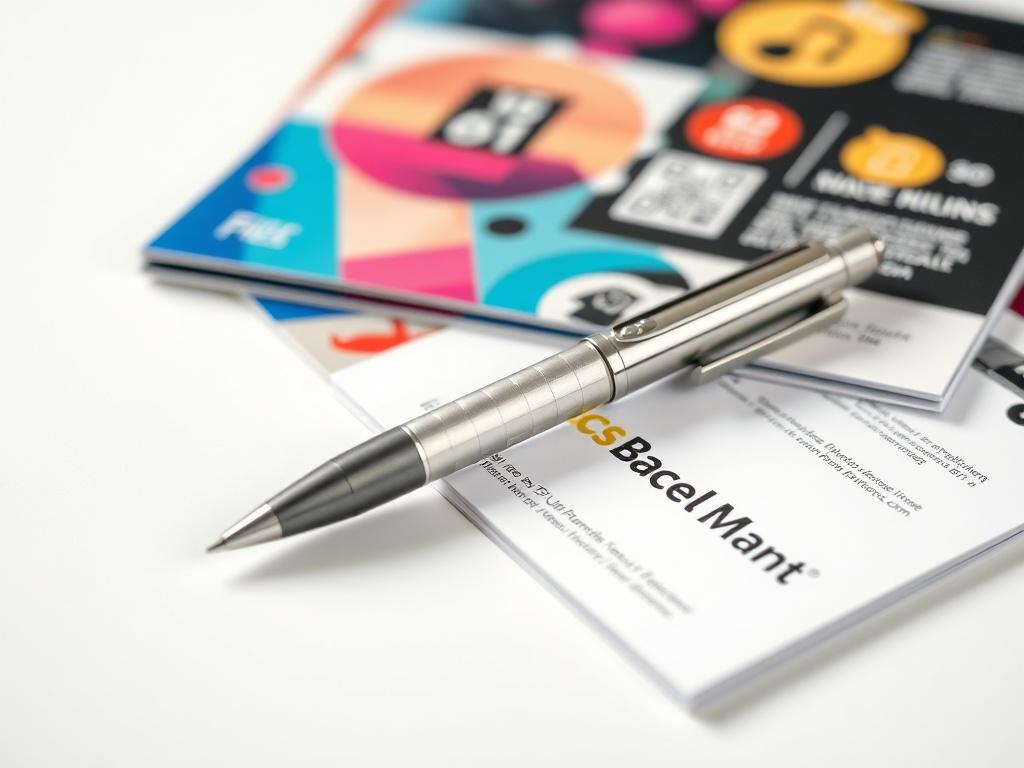 A close-up shot of a beautifully designed promotional pen and marketing supplies, such as brochures and business cards, all featuring vibrant branding elements. The background should be simple and clean, focusing on the products. The composition should highlight the details of the pen and printed materials, showcasing their quality and design. The lighting should be bright and inviting, enhancing the colors and textures of the products.