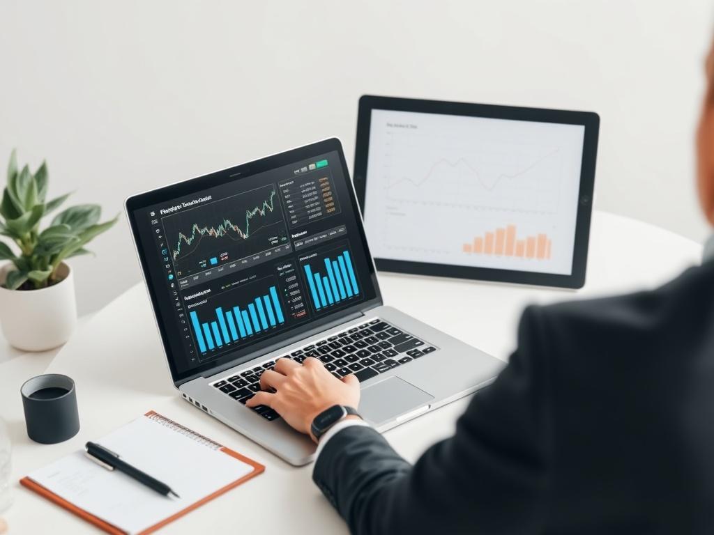 An analytical workspace featuring a business consultant analyzing financial graphs