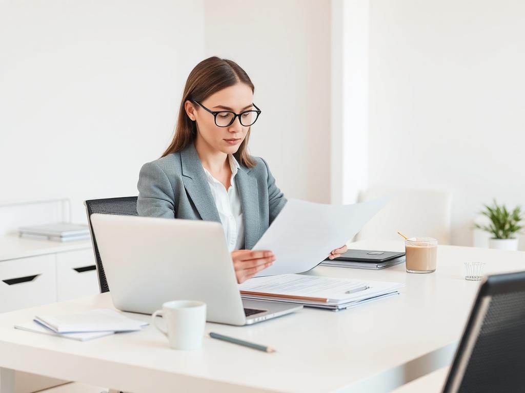 A clean, minimalist office environment with a focused business professional