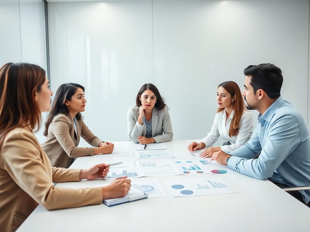 A thoughtful business team in a modern conference room engaged