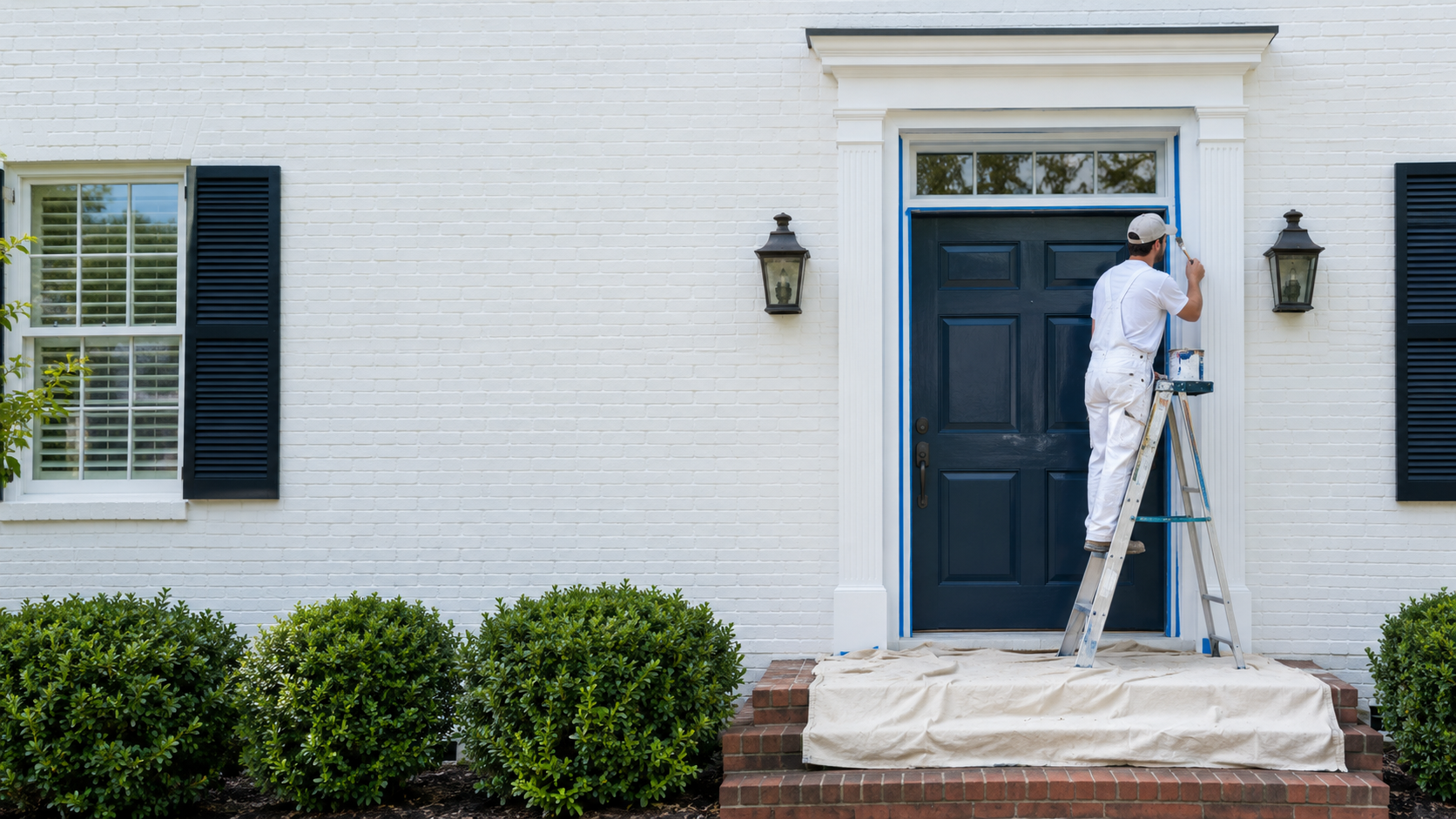 A painter on a ladder finishing a navy front door on a white brick colonial home in Charlotte.