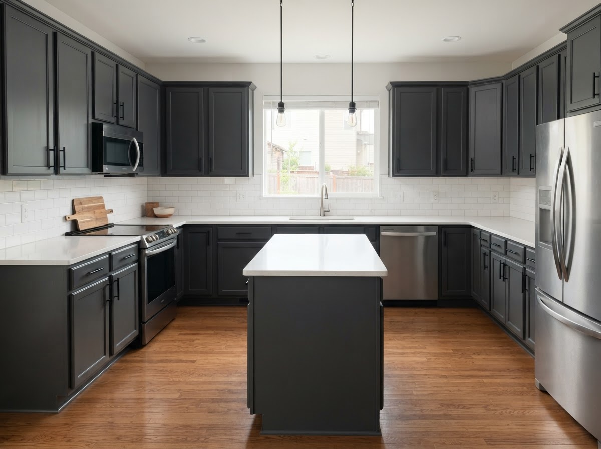 Kitchen cabinets freshly refinished in deep charcoal Iron Ore
