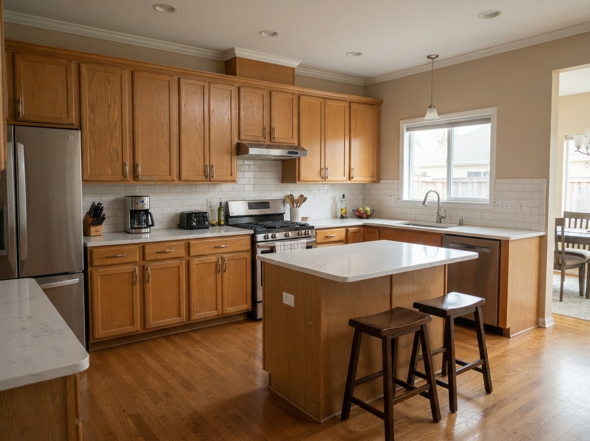 Before: Kitchen cabinets refinished in Iron Ore