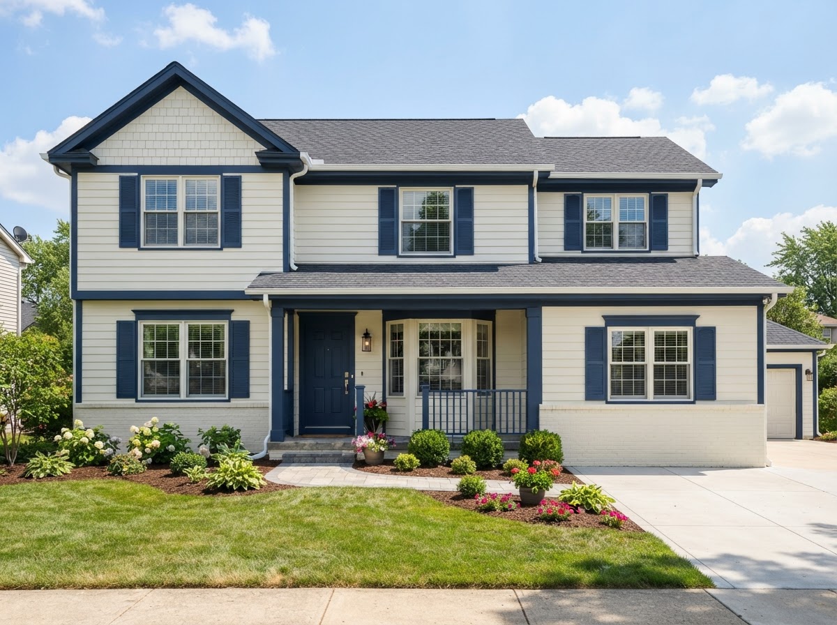 Freshly repainted blue-gray house exterior with navy shutters