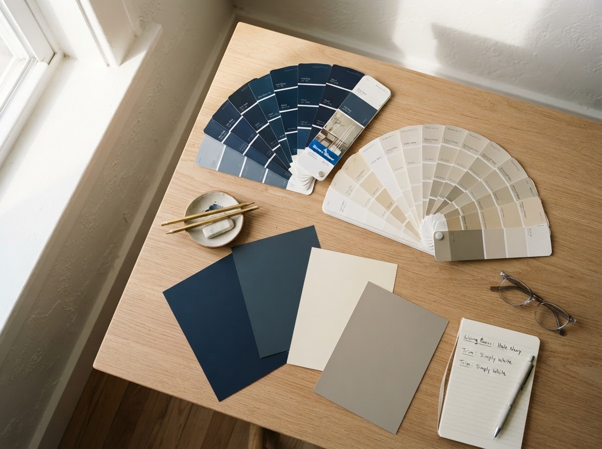 Overhead view of paint color fan decks and large samples on a table