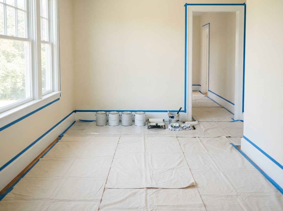 A spotless True Coat job site with canvas drop cloths and perfectly taped trim