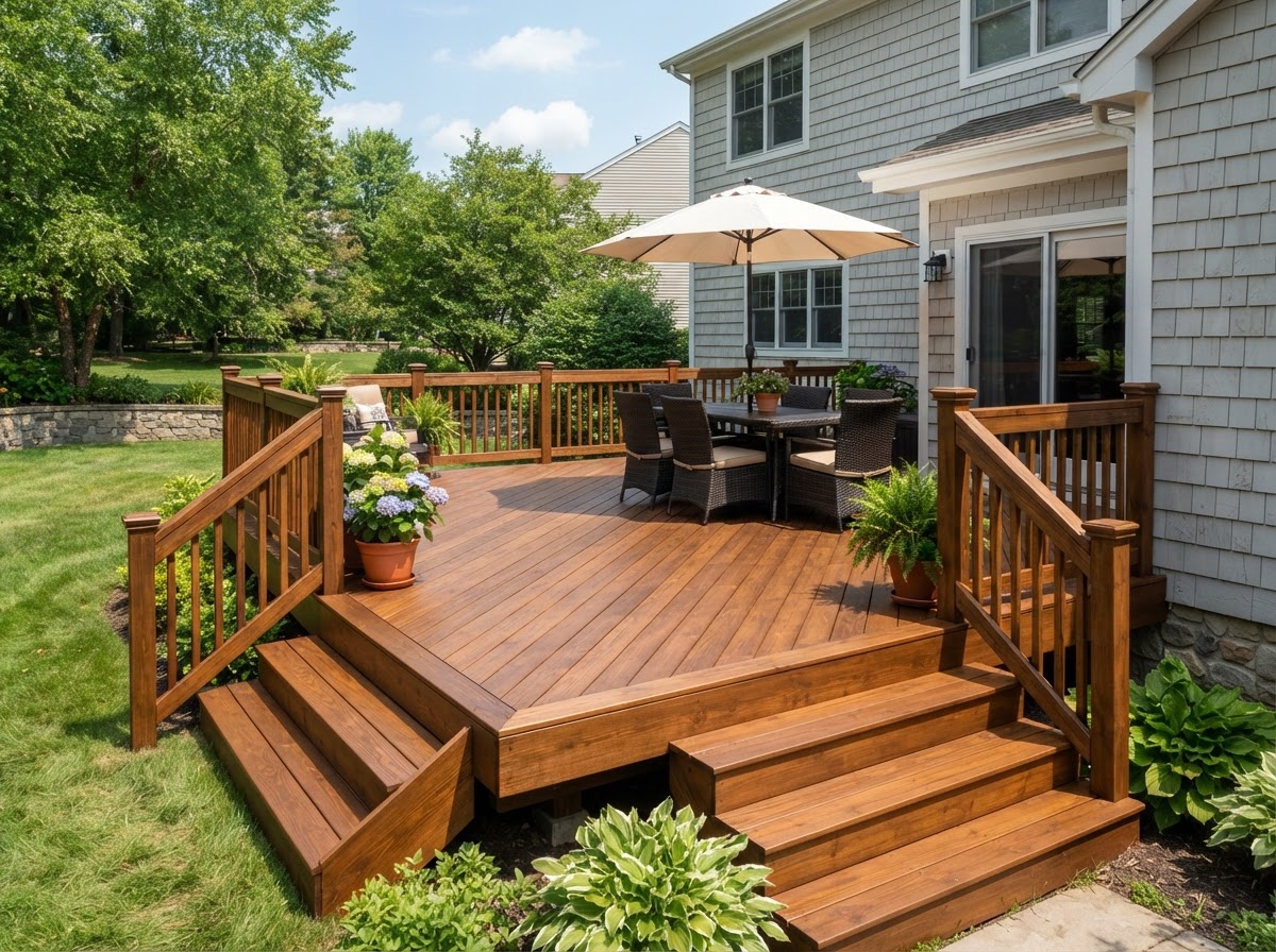 A backyard wooden deck freshly cleaned and re-stained