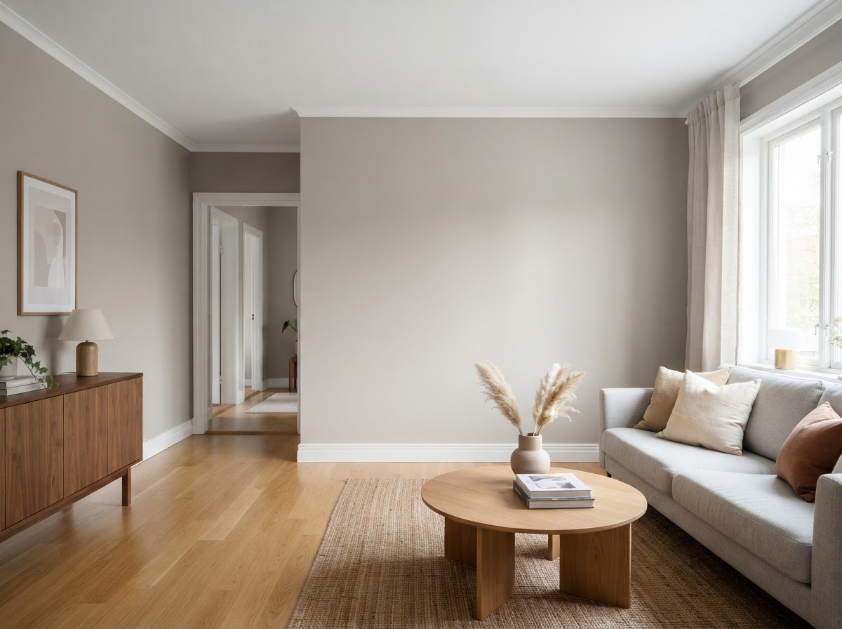 Bright living room freshly painted in a warm greige by True Coat
