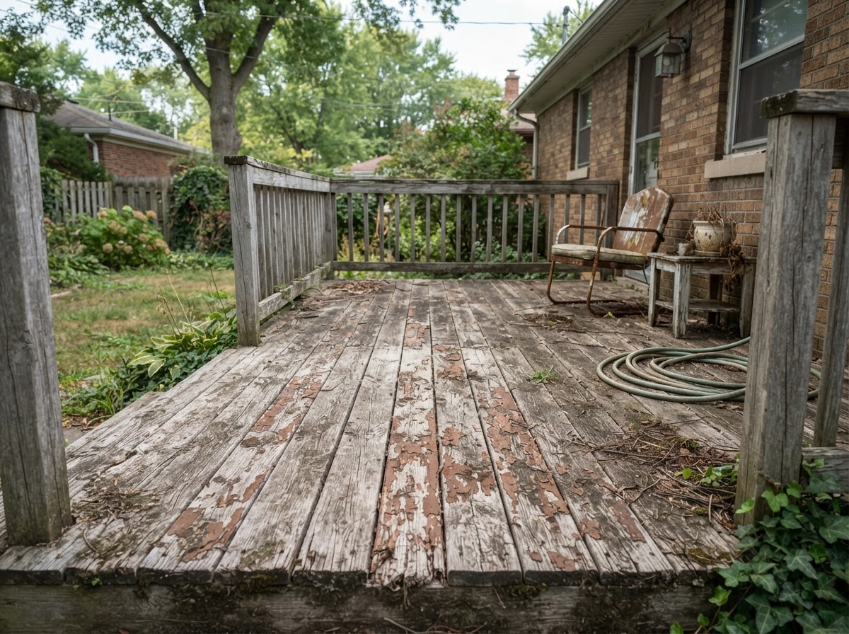 Before: Deck cleaned, repaired, and re-stained