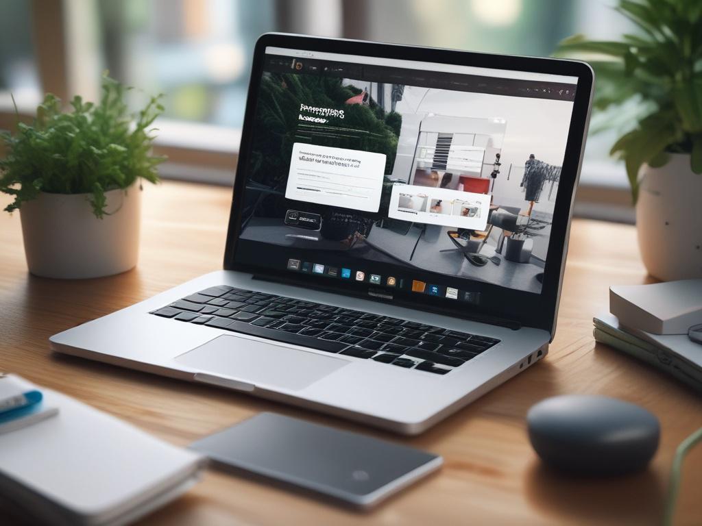 A hyper-realistic close-up shot of a modern digital workspace featuring a sleek laptop open to a vibrant website design on the screen. The background should be softly blurred to emphasize the laptop, with warm natural lighting illuminating the scene. The primary color of rgb(50, 170, 39) subtly integrated into the design elements on the screen, creating a harmonious and inviting atmosphere.