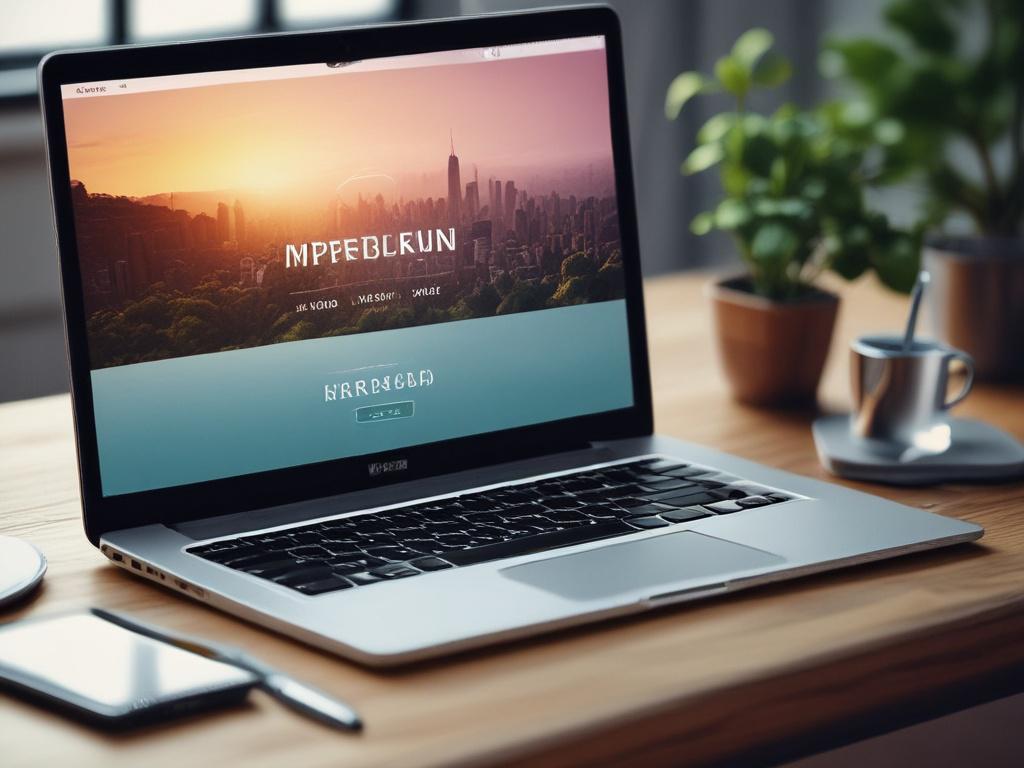 A beautifully crafted website layout displayed on a laptop, showcasing an engaging design filled with vibrant images and user-friendly navigation. The laptop is placed on a clean, modern desk with a plant in the background, conveying a fresh and inviting atmosphere. Soft natural light illuminates the scene, enhancing the colors of the website design.