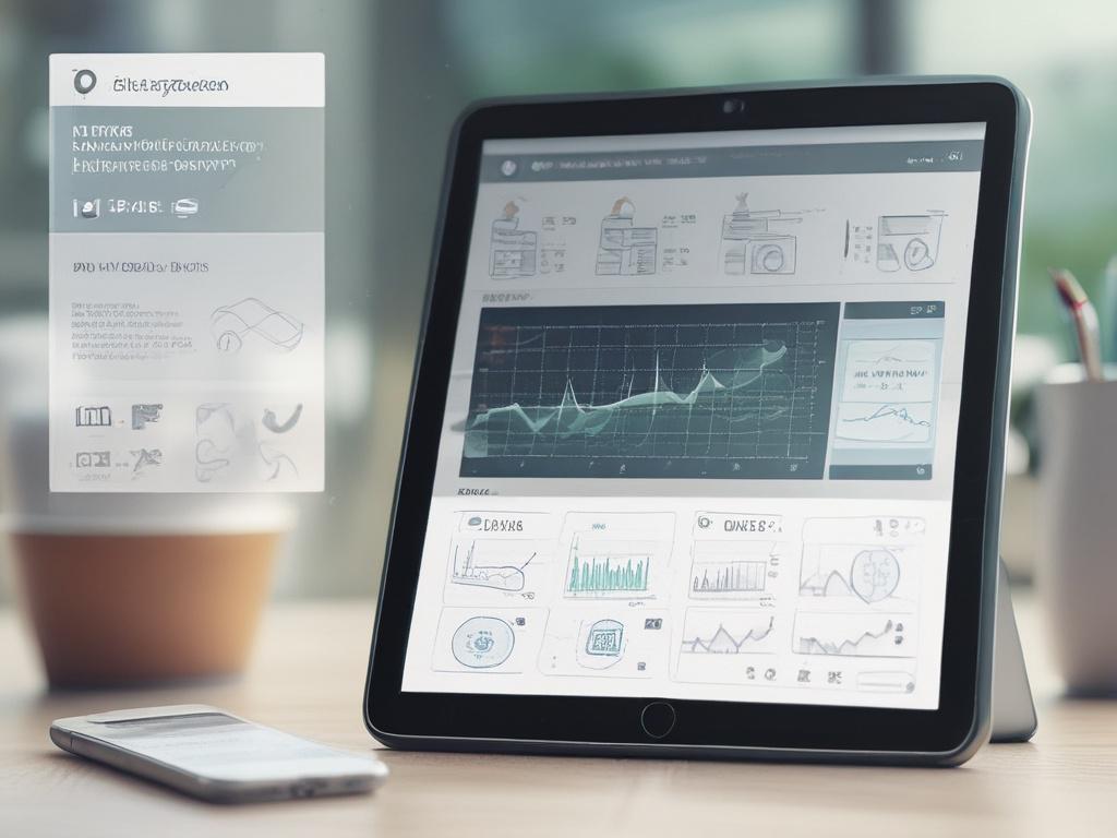 A close-up of a digital tablet displaying an interactive AI tool interface. The screen features various analytics graphs and chatbot features, emphasizing user engagement. The background is a subtle, blurred workspace with a focus on warm, inviting colors. Soft lighting enhances the tablet's screen, making the digital elements stand out clearly.