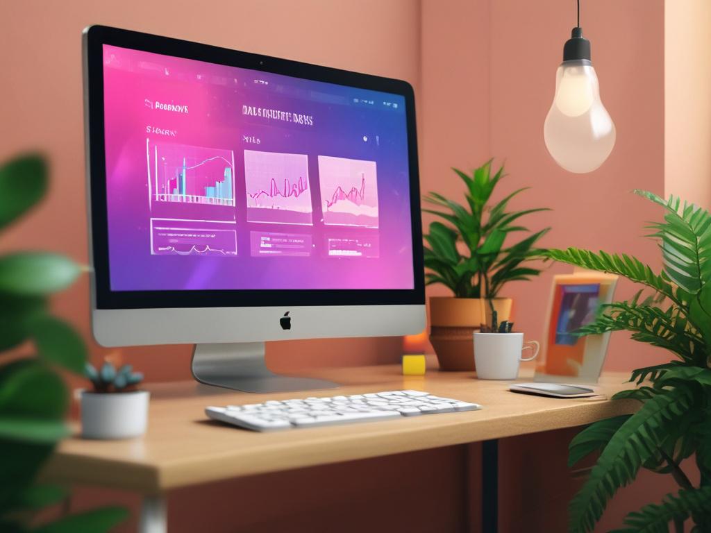A close-up shot of a computer screen showcasing an email marketing dashboard with colorful analytics graphs. The background should be an organized workspace with plants and stationery, reflecting a productive environment. The screen should display visually appealing email templates and performance metrics, captured with a 45mm f/1.2 lens style.