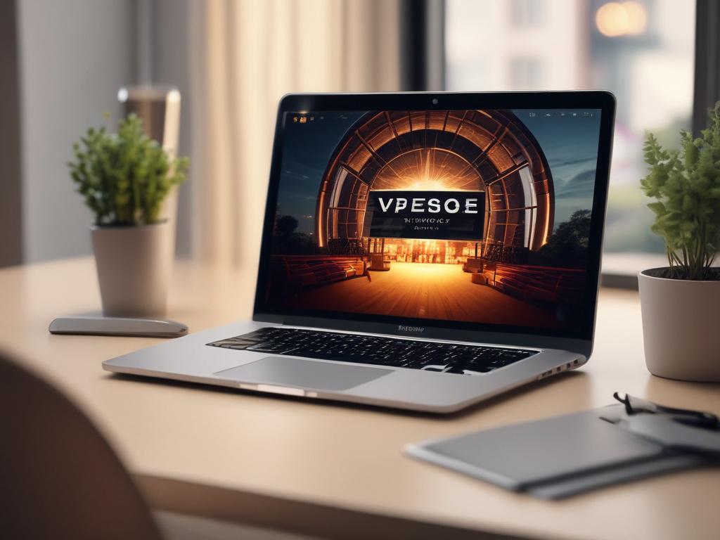 A close-up shot of a sleek, modern laptop displaying a stunning website design on the screen. The background should be a soft-focus home office setting with warm lighting, emphasizing a professional workspace. The laptop should be positioned at an angle that showcases the website's vibrant colors and user-friendly interface, captured with a 45mm f/1.2 lens style.