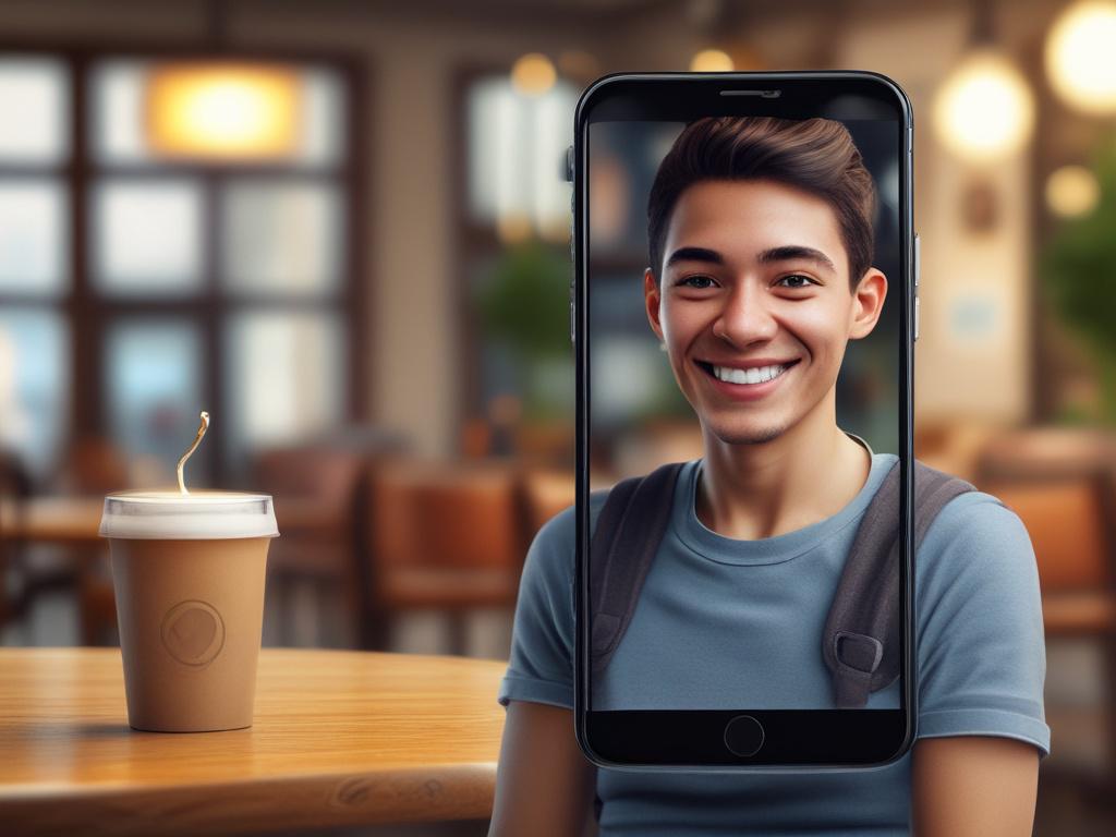 A close-up shot of a smartphone displaying an interactive chat interface with a friendly chatbot avatar. The background should feature a cozy café setting with soft lighting, creating an inviting atmosphere. The smartphone should be held by a person, emphasizing user interaction, and the chat interface should be vibrant and engaging, captured with a 45mm f/1.2 lens style.