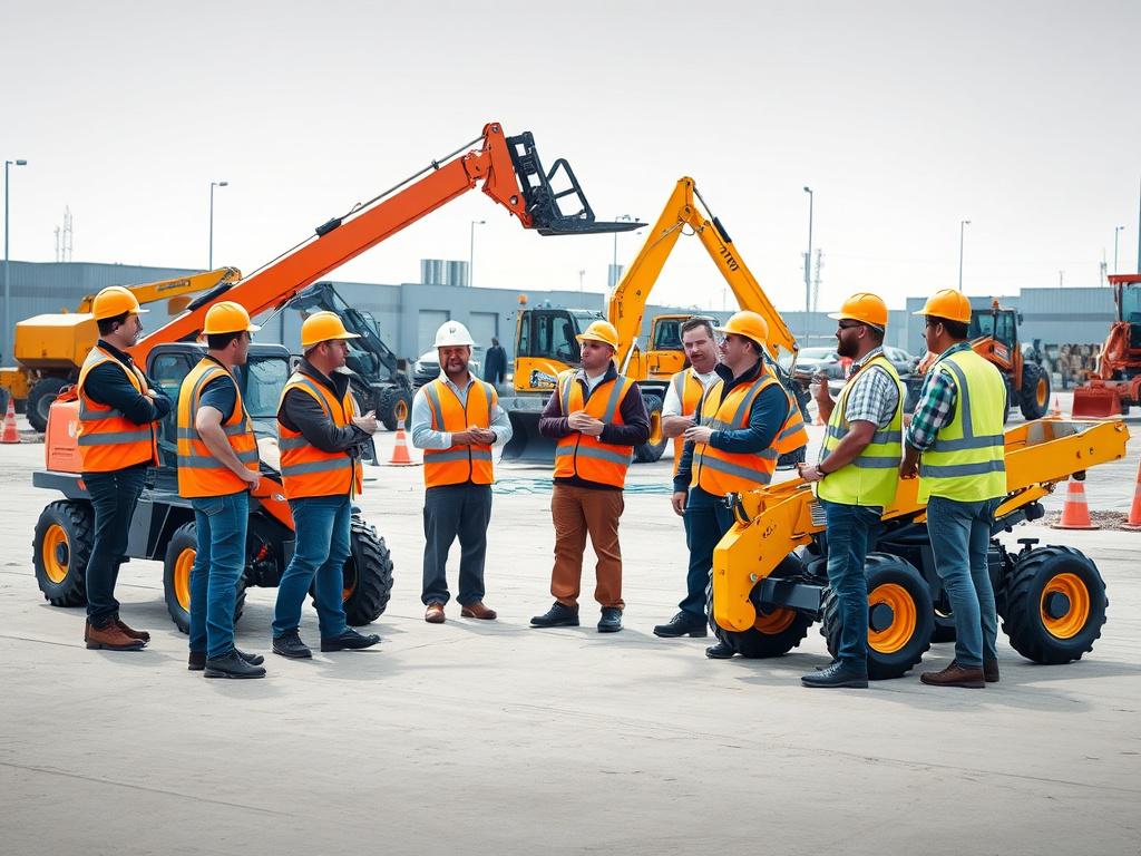 A realistic high-resolution photo depicting a group of builders engaged in a training session outdoors. The scene shows them actively discussing and operating telehandlers, diggers, and dumpers. In the background, there are construction site elements, such as machinery and safety cones. The builders are wearing safety gear, such as hard hats and vests. The overall composition is minimalistic with clean lines, featuring bold vibrant colors. The focus is on the builders and the machinery, highlighting the tra