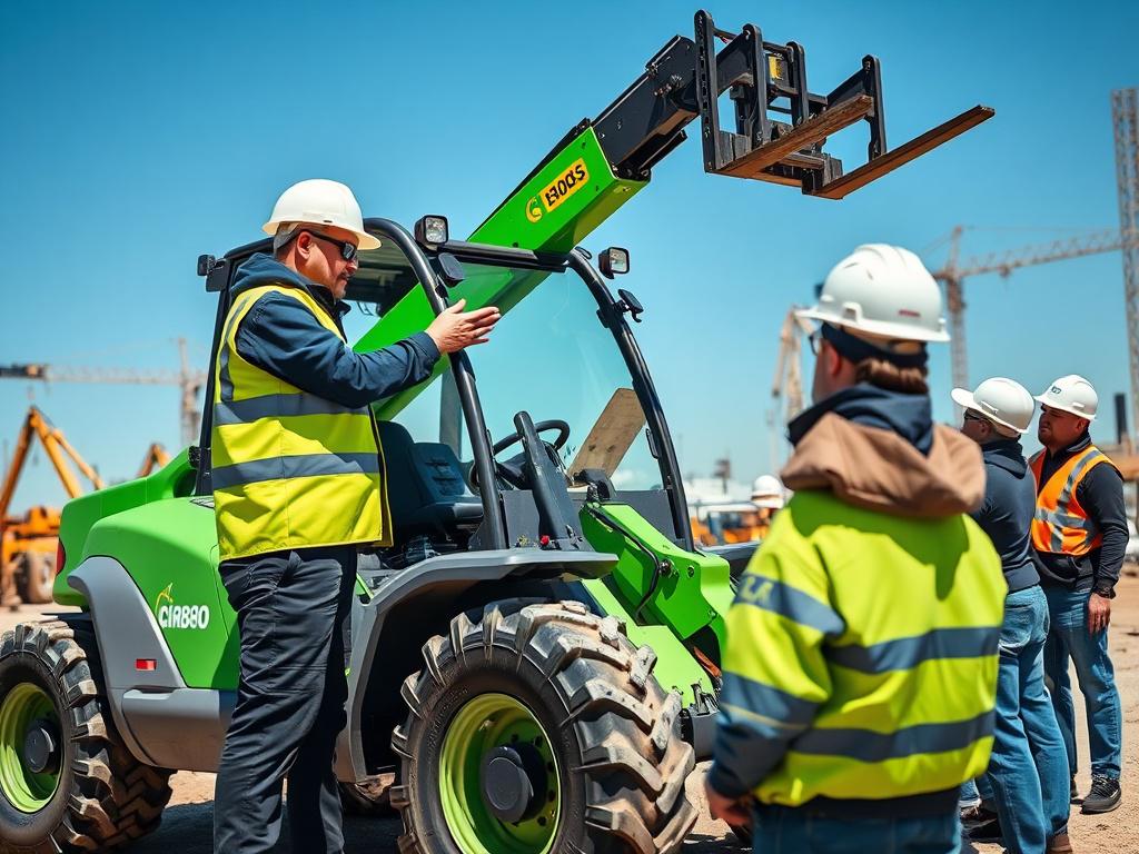 A photorealistic image of a skilled trainer demonstrating the operation of a telehandler on a construction site. The trainer should be wearing safety gear and actively engaging with trainees who are observing. The background should feature construction equipment and a clear blue sky to convey a professional training atmosphere. The colors should reflect a clean and vibrant style with a focus on green, navy blue, and white elements.