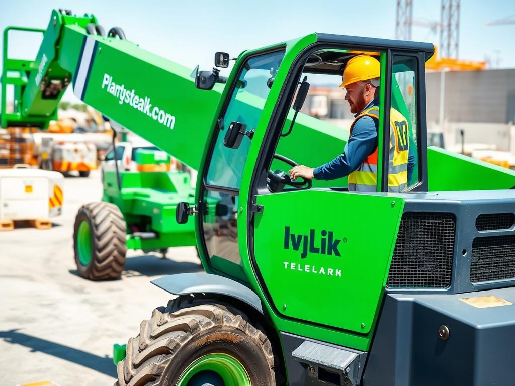 A realistic, high-resolution photo of a skilled instructor demonstrating the operation of a telehandler on a construction site. The instructor, wearing safety gear, confidently guides a trainee while showcasing the telehandler's features. The background includes a clean, organized site with minimal distractions, emphasizing safety and professionalism. The color scheme features elements of green, navy blue, and white, reflecting the Ivy Link brand. The image captures a bright, sunny day, highlighting the imp