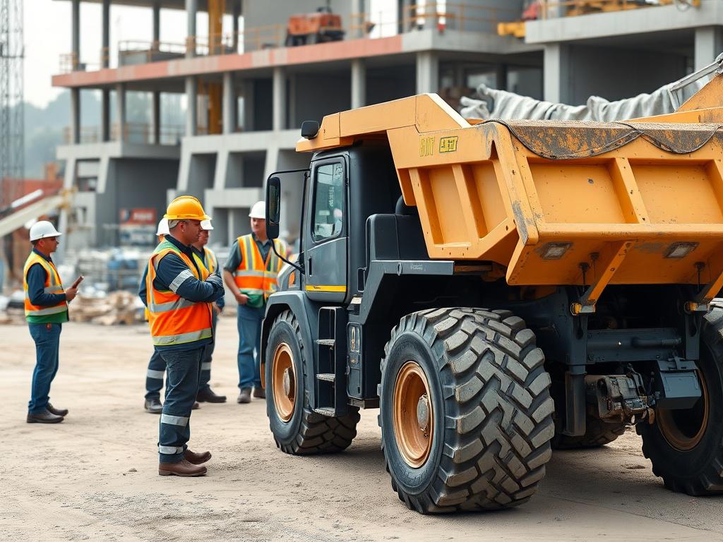 A realistic, high-resolution image depicting a trainer instructing a group of trainees on dumper operation at a construction site. The dumper is featured prominently in the foreground, while construction elements provide context in the background. The image showcases lifelike details and vibrant colors, emphasizing the training focus.