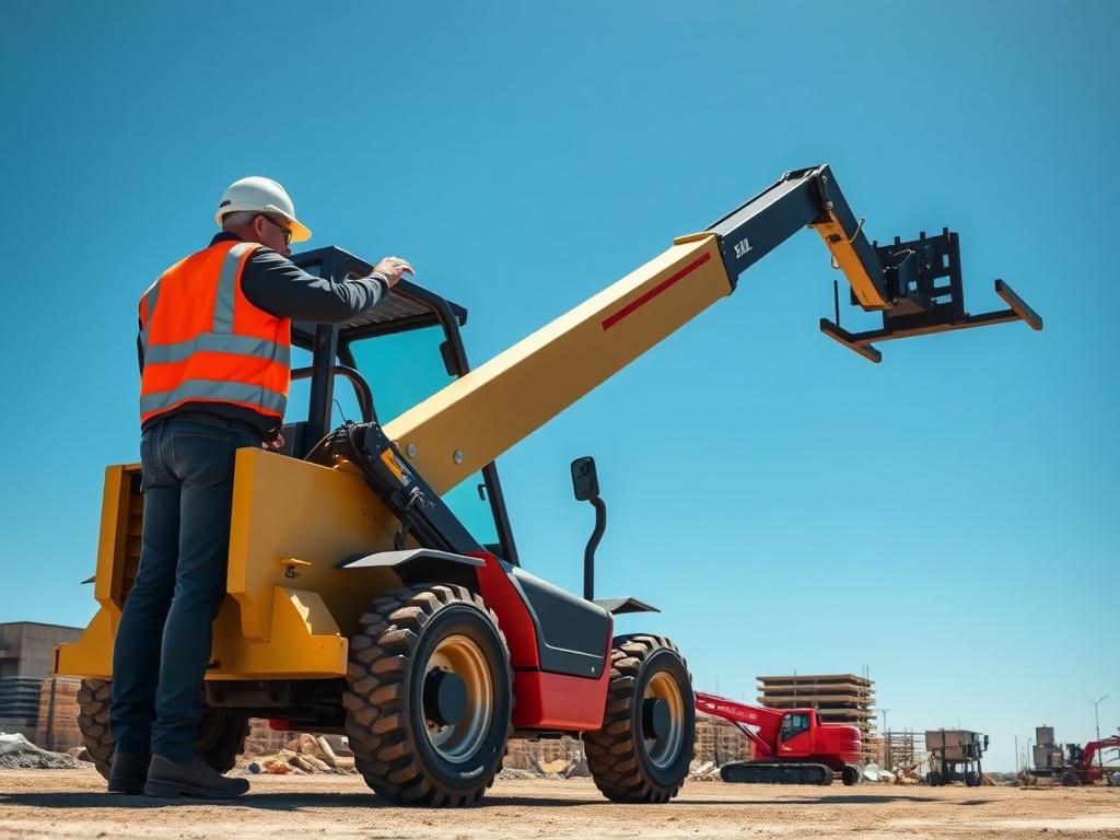 A highly detailed, photorealistic image of a skilled trainer demonstrating telehandler operation on a construction site. The background features a clear blue sky and construction materials, while the foreground showcases the telehandler in action. The image emphasizes clean lines and vibrant colors, allowing the telehandler to be the focal point.
